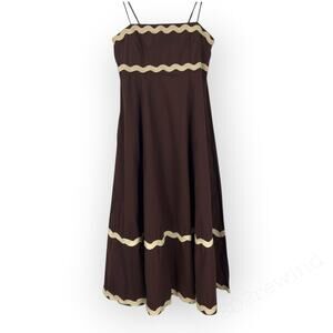 Medium NEW Sim&Sam Ric Rac Poplin Dress Smocked Tank Brown Natural Pockets